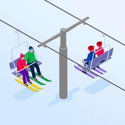 People on ski lift in winter on mountain resort 3d isometric vector illustration