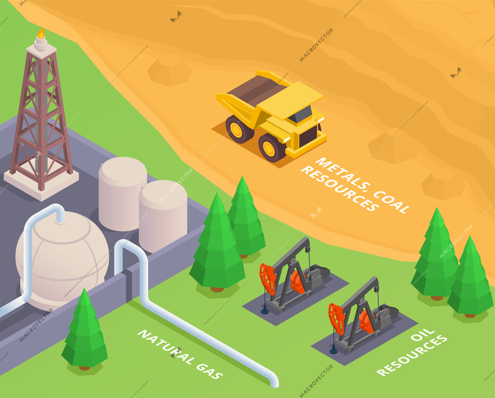 Natural resources background with oil extraction gas production truck transporting coal 3d isometric vector illustration