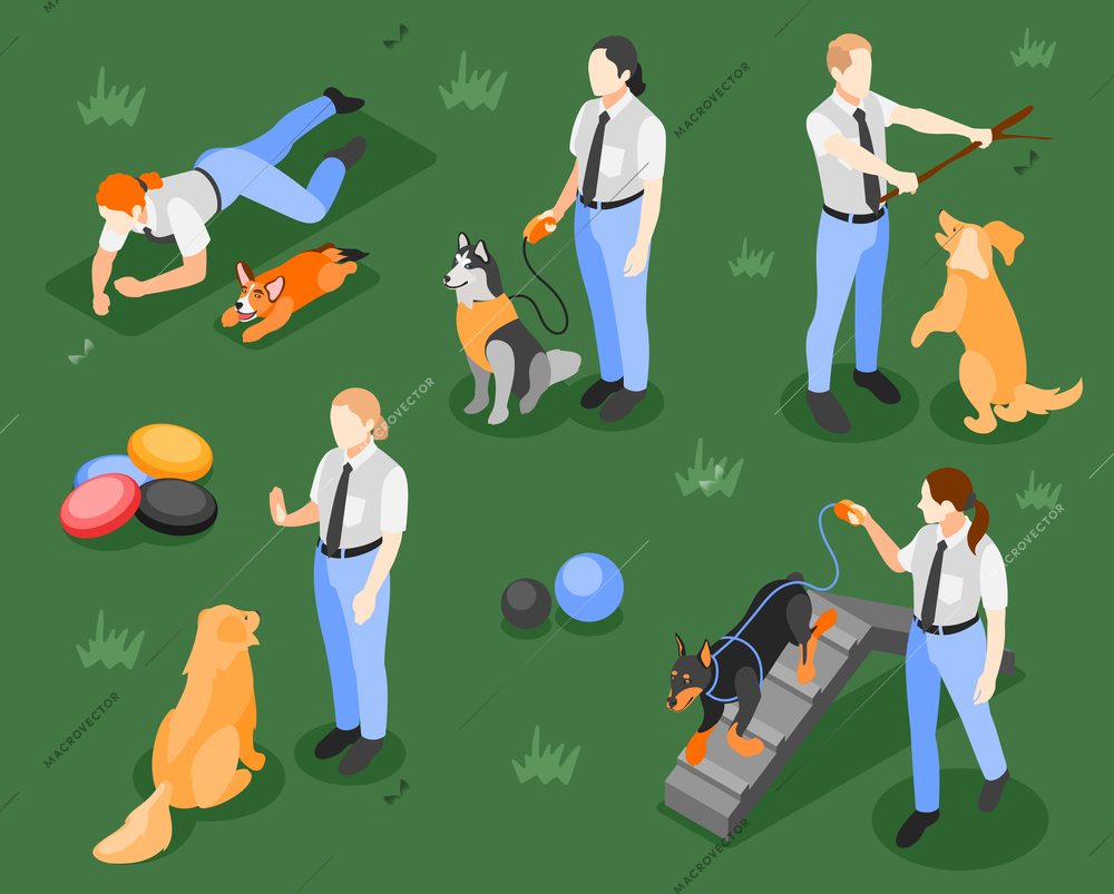 Dog school isometric background with isolated dogs characters of teachers giving commands with play equipment images vector illustration