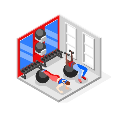 Fitness ball workout isometric background with women doing push ups and lifting dumbbells on rubber balls vector illustration