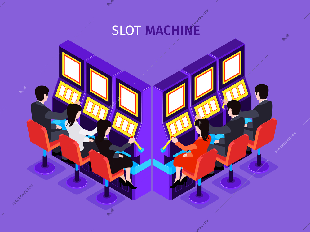 Men and women playing on slot machines at casino club on violet background 3d isometric vector illustration