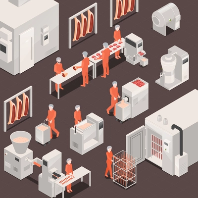 People in uniform working at processed meat production factory 3d isometric vector illustration