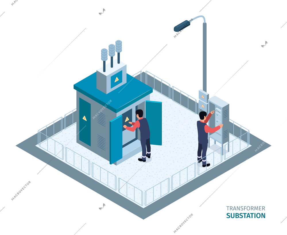 Two electrical technicians doing electric work checking or repairing transformer substation 3d isometric vector illustration