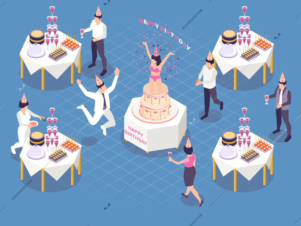 Cakes for events isometric composition with isolated icons characters of waiters serving tables guests and dancer vector illustration