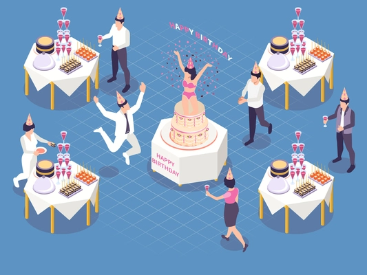 Cakes for events isometric composition with isolated icons characters of waiters serving tables guests and dancer vector illustration