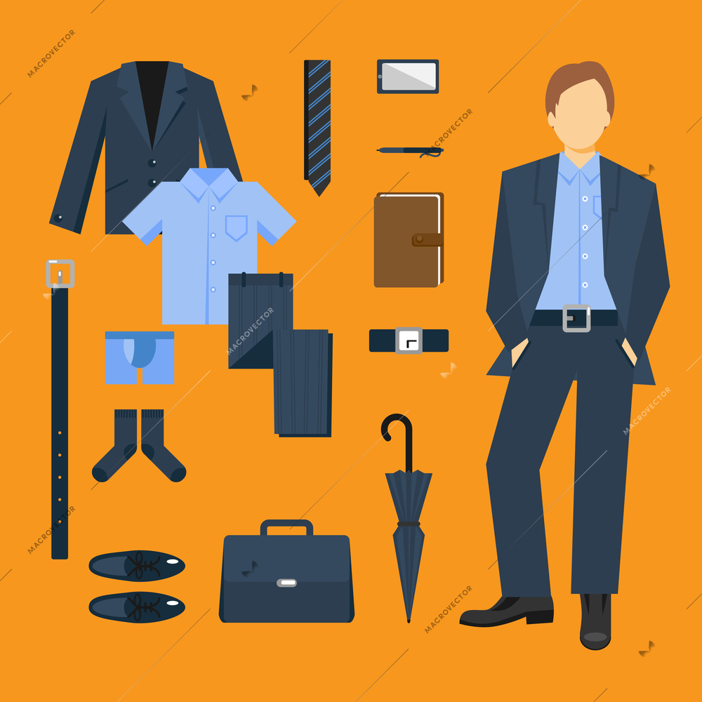 Business man clothes set with full length male figure isolated vector illustration