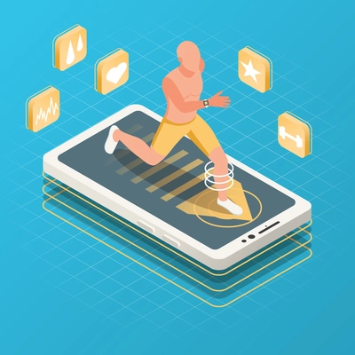 Sportsman athletics smartphone isometric composition with human character of athlete running on top of phone screen vector illustration