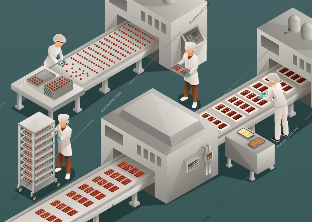 Chocolate production isometric illustration with female staff working on candy packaging conveyors vector illustration