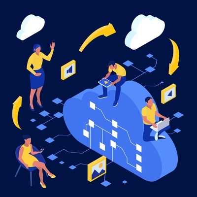 Cloud technology concept with gaming community symbols isometric vector illustration