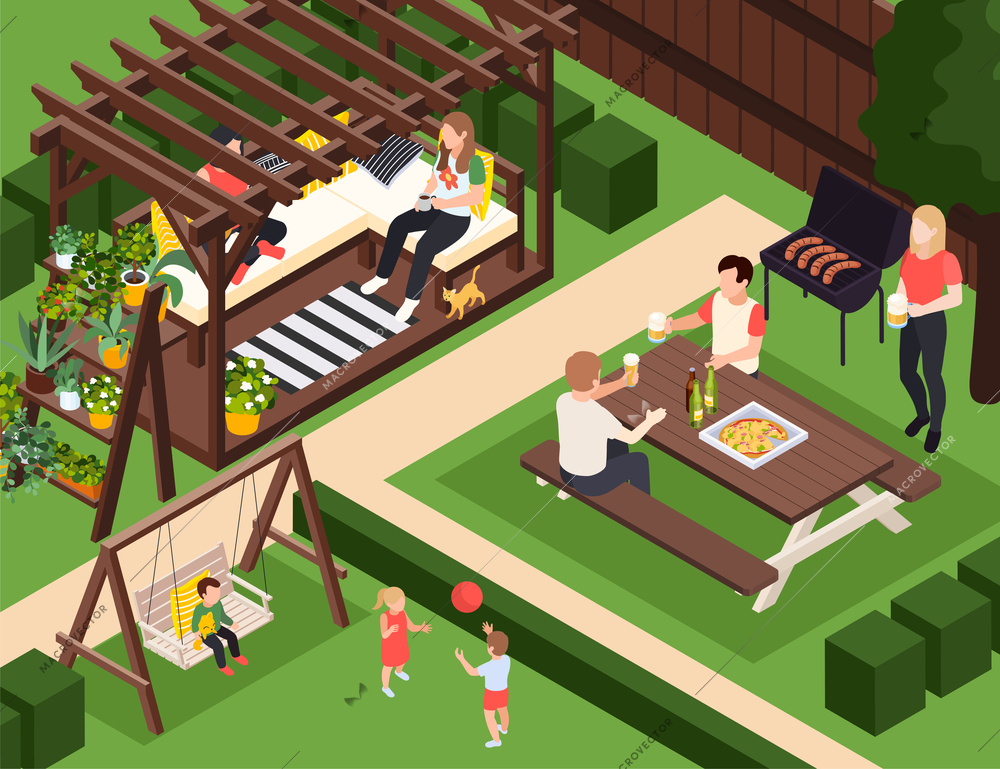 Garden furniture isometric composition with view of backyard with summerhouse barbecue table and kids on swing vector illustration