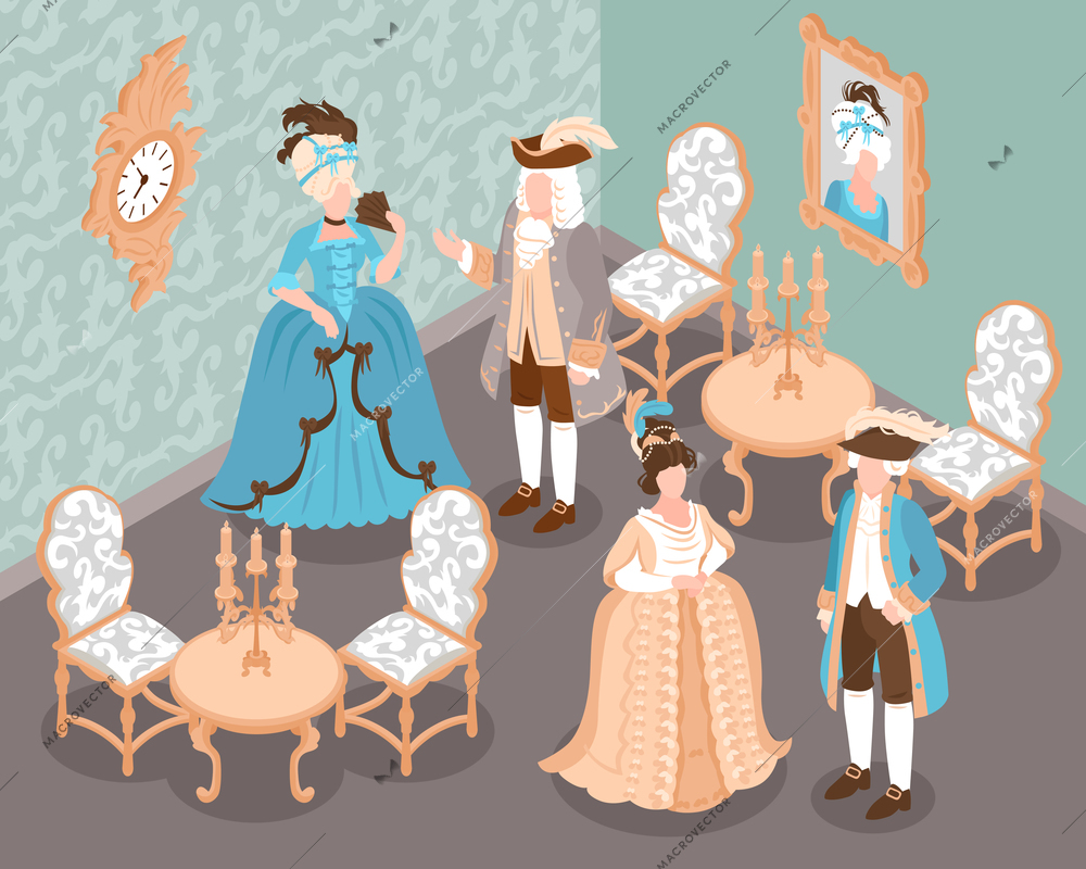 Rococo style isometric background depicting ladies and cavaliers dressed in clothes of 18th century vector illustration