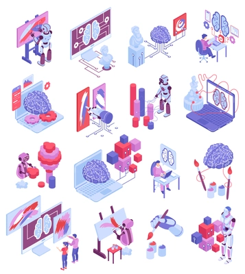 Artificial intelligence isometric set with tools for generate ai art and abstract images created by robots isolated vector illustration