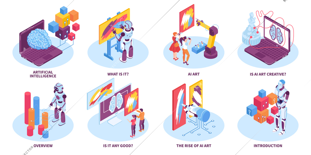 Rise of ai art isometric compositions with introduction in theme and overview of painting tools isolated vector illustration