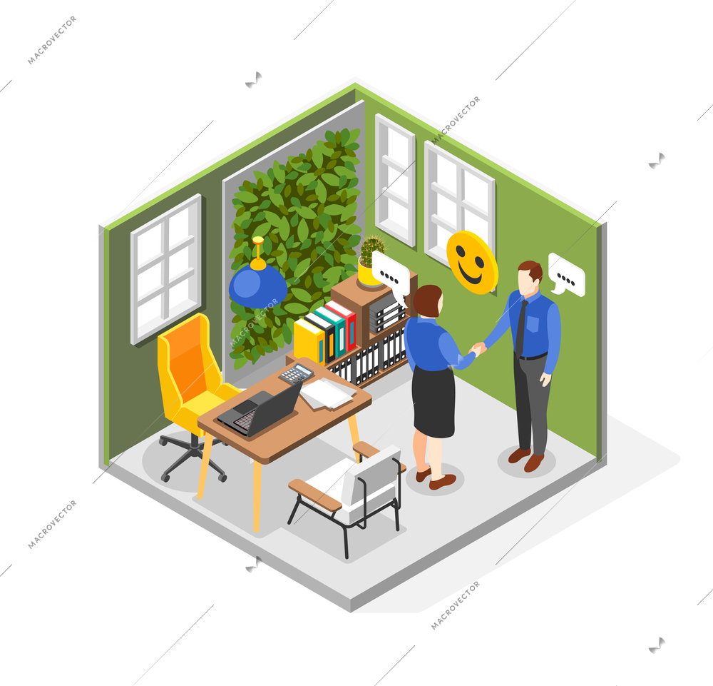 Soft skills isometric composition with two office workers communicating shaking hands 3d vector illustration