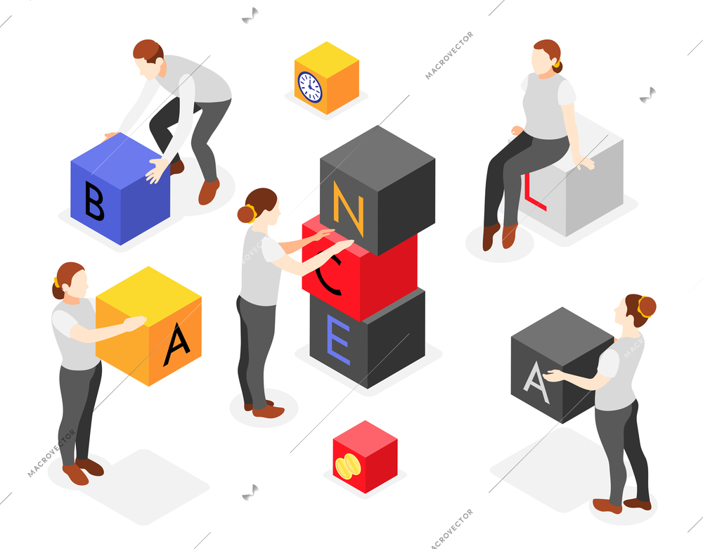 Balancing in life isometric composition with people building word balance from colorful blocks 3d vector illustration