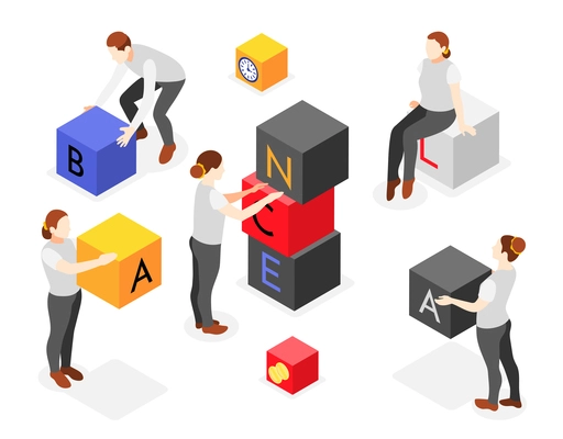 Balancing in life isometric composition with people building word balance from colorful blocks 3d vector illustration