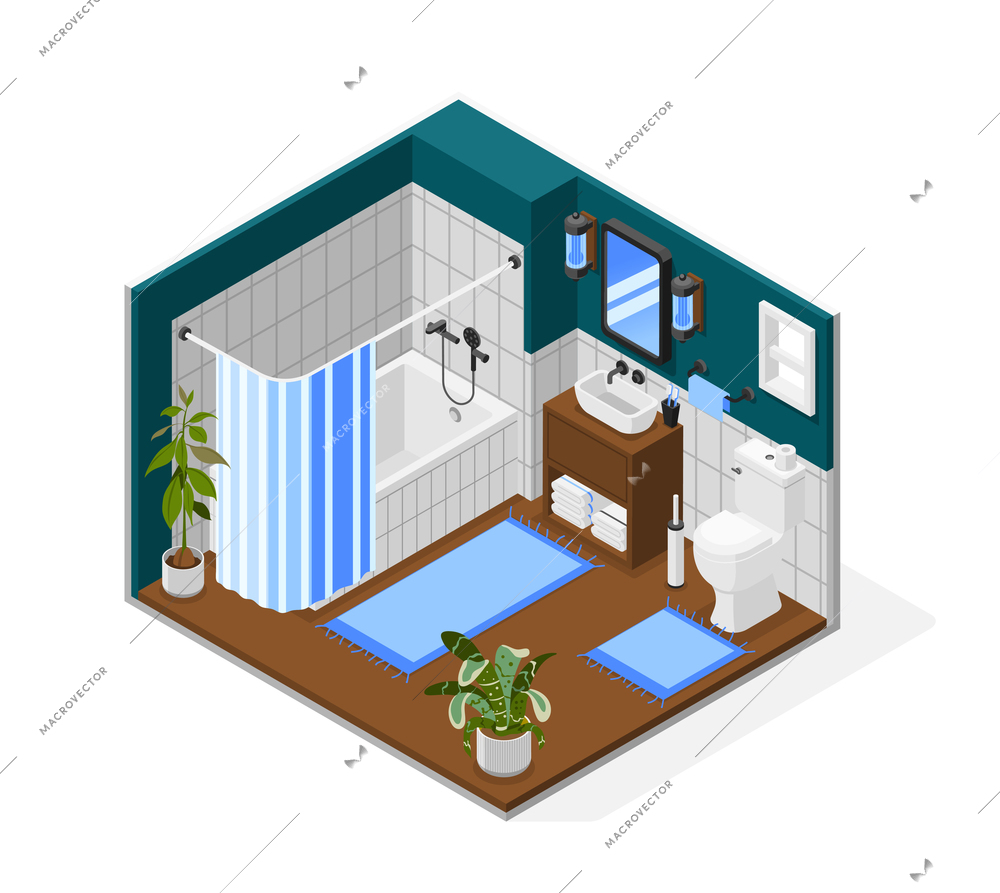 Cozy modern bathroom interior with bathtub toilet washbasin two rugs potted plants isometric composition 3d vector illustration