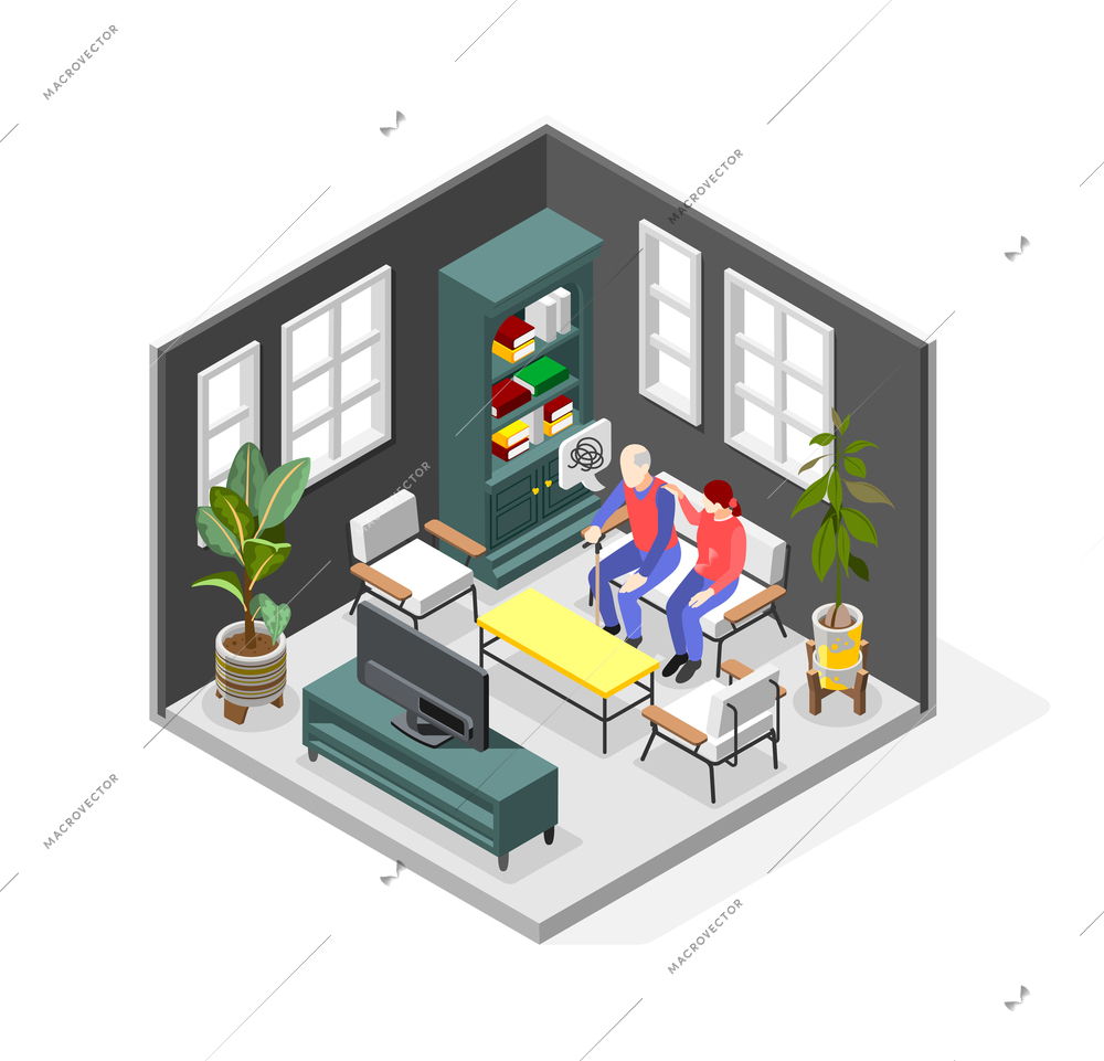 Isometric dementia symptoms composition with confused old man and his relative sitting on sofa in living room 3d isometric vector illustration