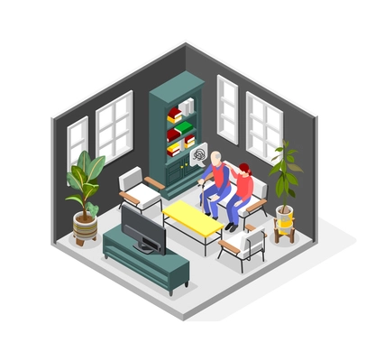 Isometric dementia symptoms composition with confused old man and his relative sitting on sofa in living room 3d isometric vector illustration