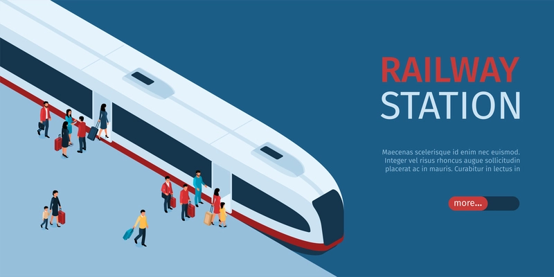 Railway station horizontal banner with passengers with suitcases boarding modern high speed train isometric vector illustration