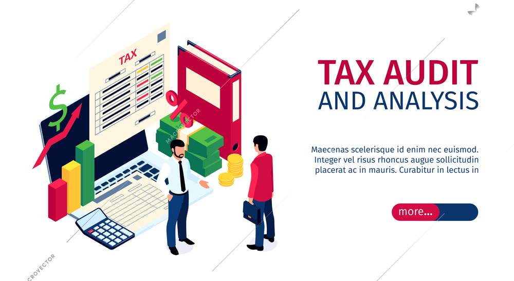 Taxes audit and analysis horizontal banner with businessman and tax inspector characters at balance sheet background isometric vector illustration