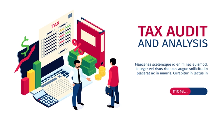 Taxes audit and analysis horizontal banner with businessman and tax inspector characters at balance sheet background isometric vector illustration