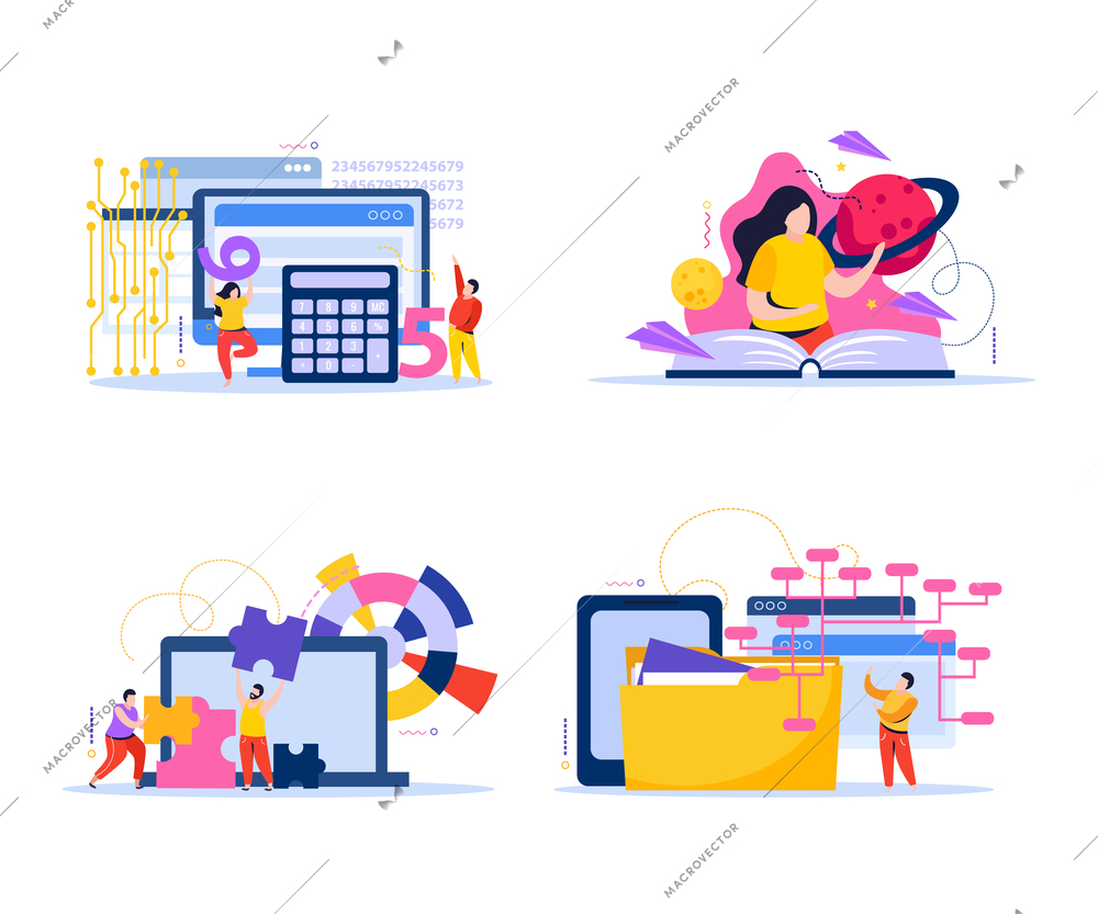 Mind behavior flat icon set making plans mind maps studying books and abstract jigsaw puzzles vector illustration