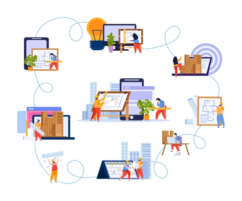Architect flat concept building project and its stages from the drawing to the presentation of the finished project vector illustration