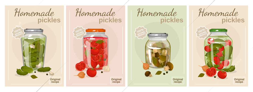 Homemade pickles poster set of marinated mushrooms pickles cucumbers and tomatoes in glass jars with screw caps vector illustration