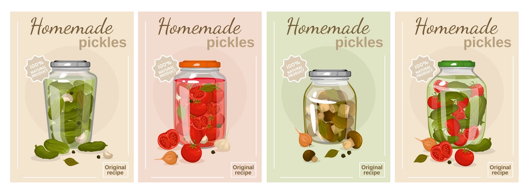 Homemade pickles poster set of marinated mushrooms pickles cucumbers and tomatoes in glass jars with screw caps vector illustration