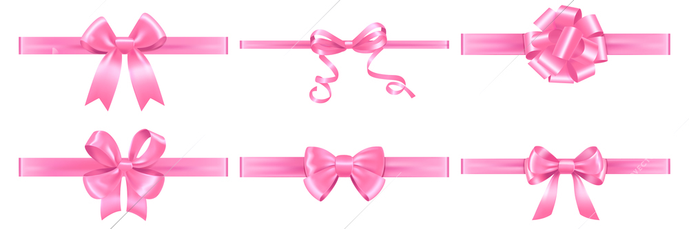 Pink shiny satin ribbons with bows realistic set isolated on white background vector illustration