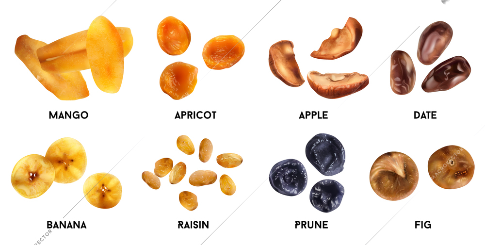 Dry fruits realistic set of mango apricot apple date banana raisin prune fig isolated vector illustration