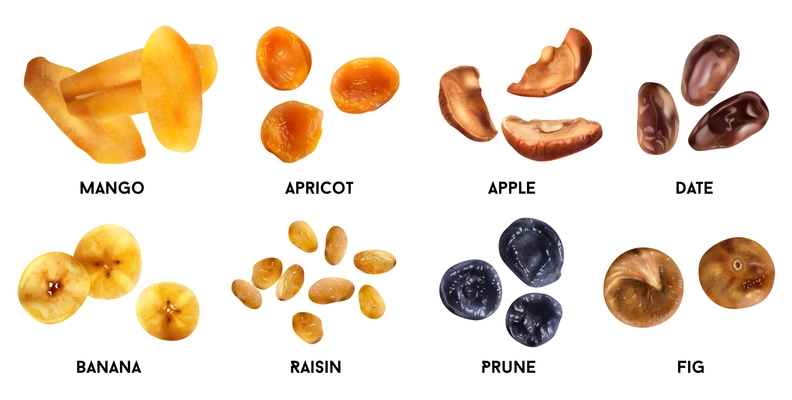 Dry fruits realistic set of mango apricot apple date banana raisin prune fig isolated vector illustration