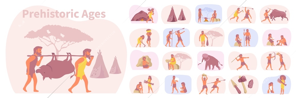 Primitive people flat set with isolated compositions of ancient people with instruments of labour and shelters vector illustration