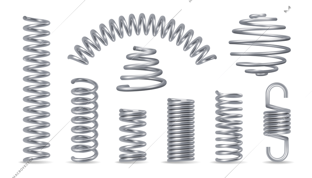 Metal spring silver realistic set with swirls isolated vector illustration