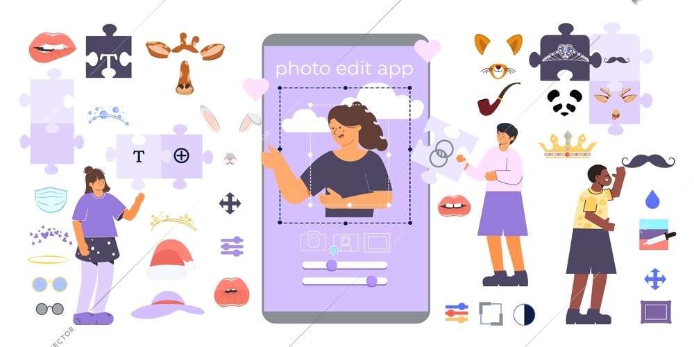 Photo edit app set of flat isolated human characters with doodle stickers and puzzle face masks vector illustration