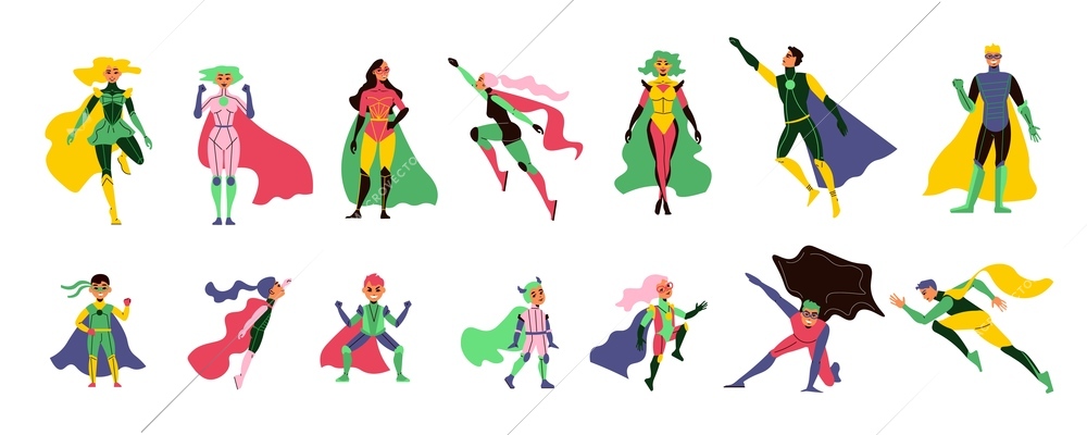 Flat set of superhero characters in different poses with colored waving cloaks on white background isolated vector illustration