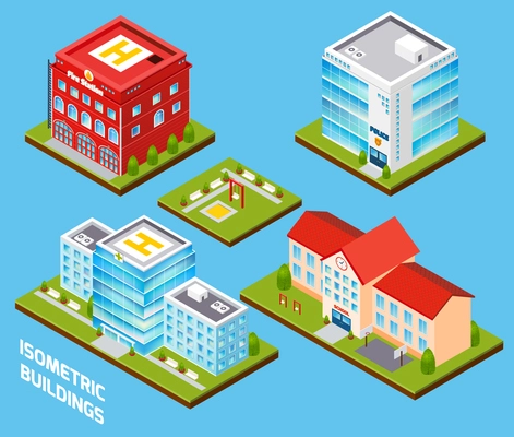 Government buildings 3d isometric set with fire station police hospital school isolated vector illustration