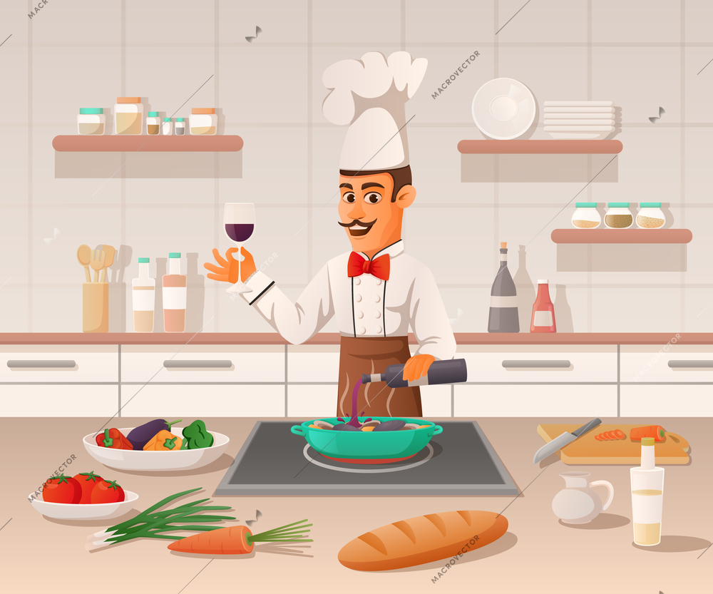 Professional cooking cartoon composition with chef pouring wine into frying pan with roasting meat vector illustration