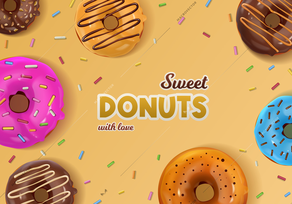 Abstract colored background with assorted pastries decorated by glaze and sprinkles and sweet donuts text in centre realistic vector illustration