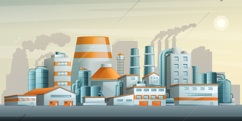 Industrial composition with factory buildings and pipes fuel tanks and cooling tower flat background vector illustration