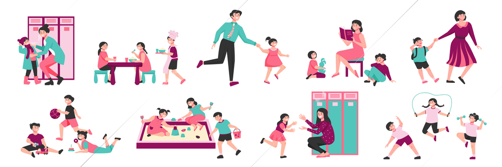 Kindergarten color set with isolated icons of playing kids with nursery teacher sandpit and locker cabinets vector illustration