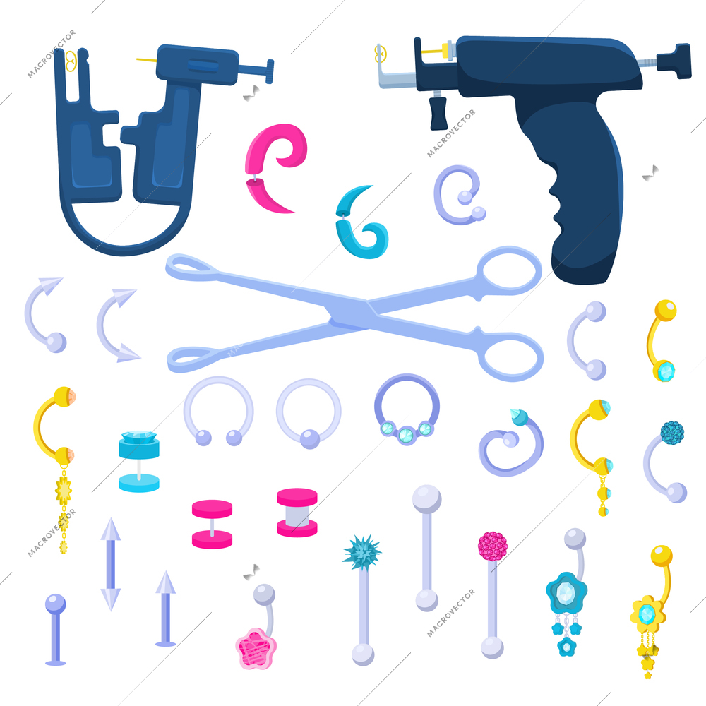 Piercing equipment flat set with isolated icons of ear jewelry septum and scissoring tools with gun vector illustration