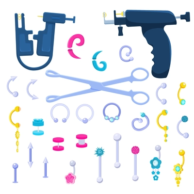 Piercing equipment flat set with isolated icons of ear jewelry septum and scissoring tools with gun vector illustration