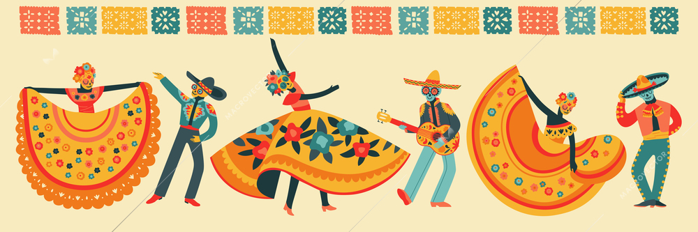 Dead day holiday celebration flat horizontal poster with mexican men and women in costumes and masks dancing and playing musical instruments vector illustration