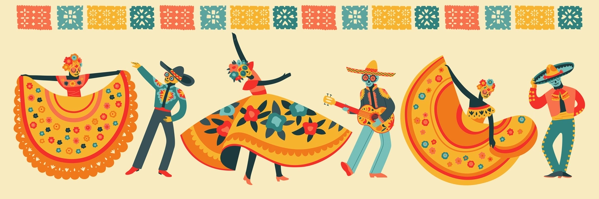 Dead day holiday celebration flat horizontal poster with mexican men and women in costumes and masks dancing and playing musical instruments vector illustration