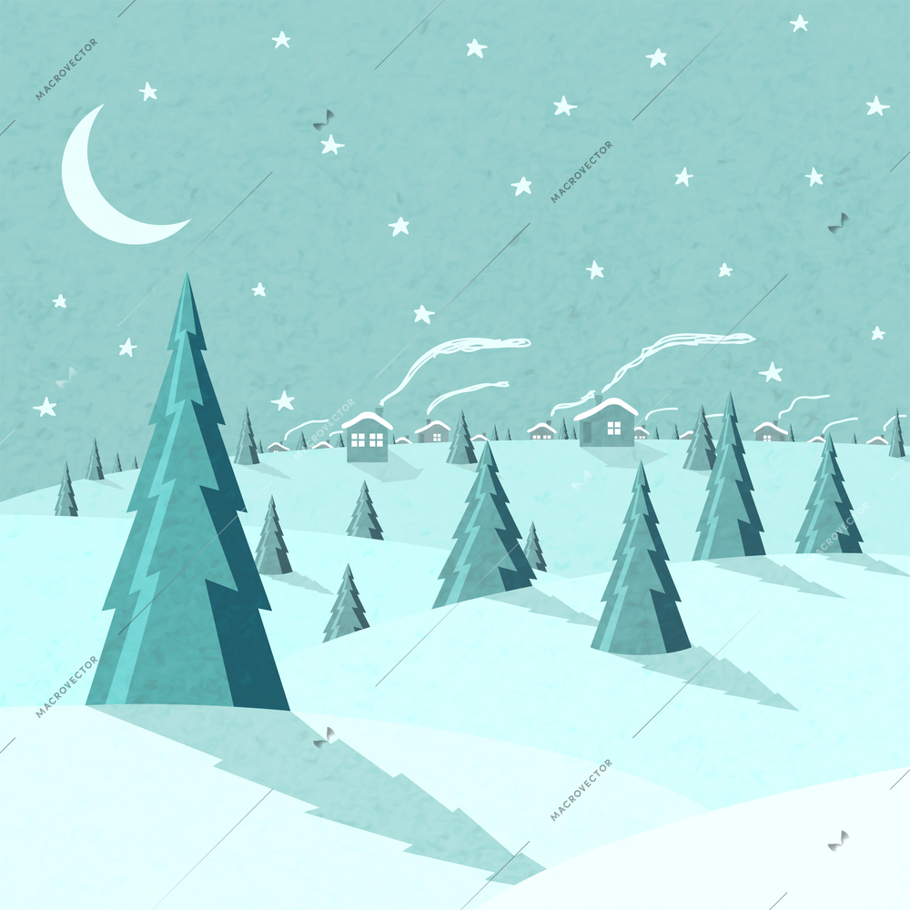 Winter landscape with snow moon and forest vector illustration