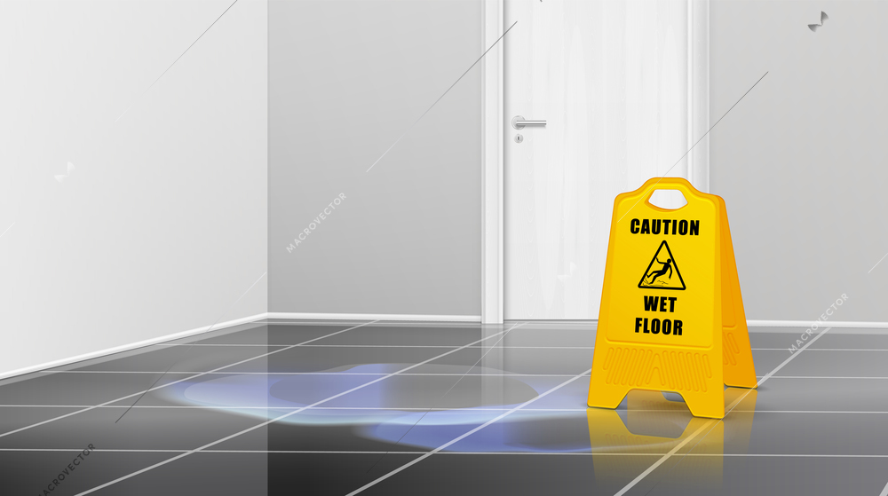 Wet floor sign composition with indoor view of freshly washed floor with standing yellow caution sign vector illustration