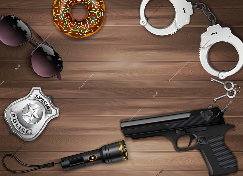 Police equipment composition with realistic wooden table top view with handcuffs gun torchlight sunglasses and shield vector illustration