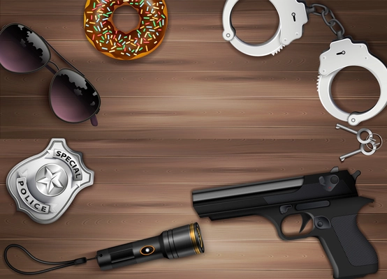 Police equipment composition with realistic wooden table top view with handcuffs gun torchlight sunglasses and shield vector illustration